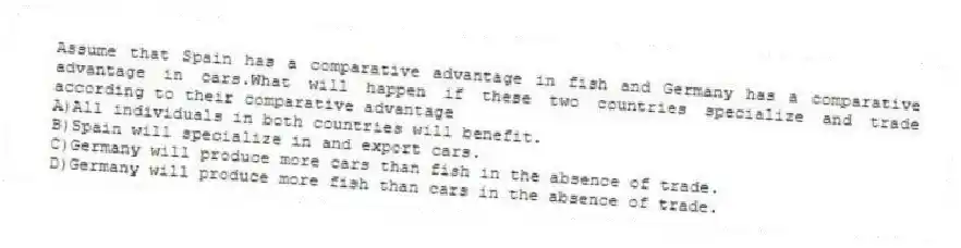 Assume that Spain has a comparative advantage in fish and Germany has a comparative advantage in cars.What will happen if these two countries specialize and trade according to their comparative advantage
A)All individuals in both countries will benefit.
B)Spain will specialize in and export cars.
C)Germany will produce more cars than fish in the absence of trade.
D)Germany will produce more fish than cars in the absence of trade.