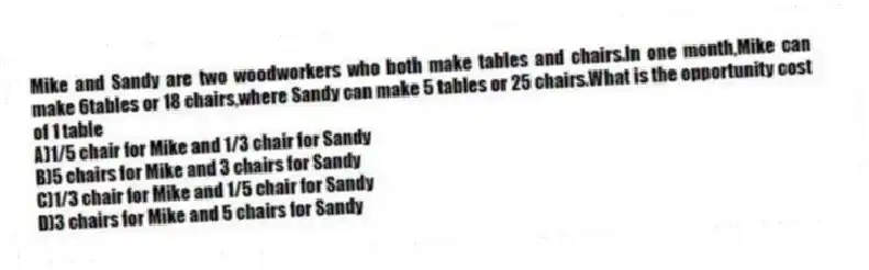 Mike and Sandy are two woodworkers who both make tables and chairs.In one month,Mike can make 6tables or 18 chairs,where Sandy can make 5 tables or 25 chairs.What is the opportunity cost of 1 table
A)1/5 chair for Mike and 1/3 chair for Sandy
B)5 chairs for Mike and 3 chairs for Sandy
C)1/3 chair for Mike and 1/5 chair for Sandy
D)3 chairs for Mike and 5 chairs for Sandy