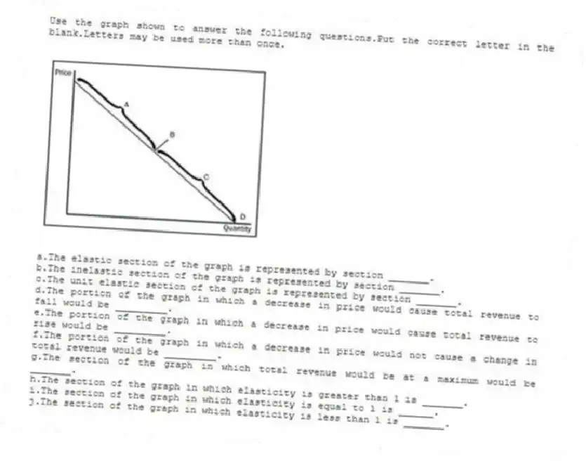 Use the graph shown to answer the following questions.Put the correct letter in the blank.Letters may be used more than once.
a.The elastic section of the graph is represented by section _______.
b.The inelastic section of the graph is represented by section _______.
c.The unit elastic section of the graph is represented by section _______.
d.The portion of the graph in which a decrease in price would cause total revenue to fall would be _________.
e.The portion of the graph in which a decrease in price would cause total revenue to rise would be _________.
f.The portion of the graph in which a decrease in price would not cause a change in total revenue would be _________.
g.The section of the graph in which total revenue would be at a maximum would be _______.
h.The section of the graph in which elasticity is greater than 1 is _______.
i.The section of the graph in which elasticity is equal to 1 is ______.
j.The section of the graph in which elasticity is less than 1 is _______.