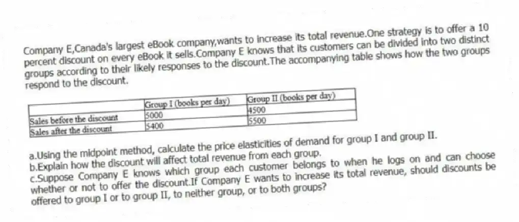 Company E,Canada's largest eBook company,wants to increase its total revenue.One strategy is to offer a 10 percent discount on every eBook it sells.Company E knows that its customers can be divided into two distinct groups according to their likely responses to the discount.The accompanying table shows how the two groups respond to the discount.
a.Using the midpoint method, calculate the price elasticities of demand for group I and group II.
b.Explain how the discount will affect total revenue from each group.
c.Suppose Company E knows which group each customer belongs to when he logs on and can choose whether or not to offer the discount.If Company E wants to increase its total revenue, should discounts be offered to group I or to group II, to neither group, or to both groups?