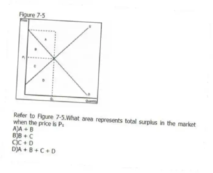 Figure 7-5
-Refer to Figure 7-5.What area represents total surplus in the market when the price is P₁
A)A + B
B)B + C
C)C + D
D)A + B + C + D
