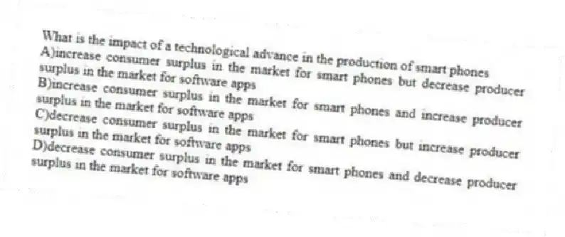 What is the impact of a technological advance in the production of smart phones
A)increase consumer surplus in the market for smart phones but decrease producer surplus in the market for software apps
B)increase consumer surplus in the market for smart phones and increase producer surplus in the market for software apps
C)decrease consumer surplus in the market for smart phones but increase producer surplus in the market for software apps
D)decrease consumer surplus in the market for smart phones and decrease producer surplus in the market for software apps