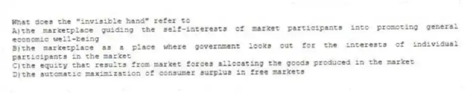 What does the "invisible hand" refer to
A)the marketplace guiding the self-interests of market participants into promoting general economic well-being
B)the marketplace as a place where government looks out for the interests of individual participants in the market
C)the equity that results from market forces allocating the goods produced in the market
D)the automatic maximization of consumer surplus in free markets