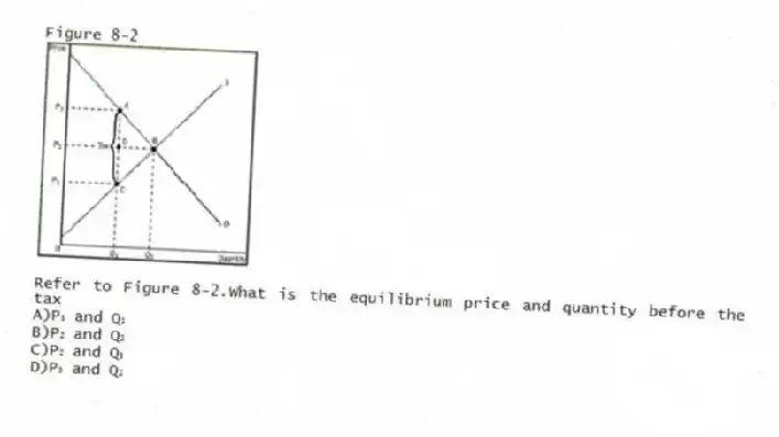 Figure 8-2
-Refer to Figure 8-2.What is the equilibrium price and quantity before the tax
A)P₁ and Q₁
B)P₂ and Q₂
C)P₂ and Q₁
D)P₃ and Q₂