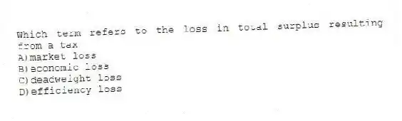 Which term refers to the loss in total surplus resulting from a tax
A)market loss
B)economic loss
C)deadweight loss
D)efficiency loss