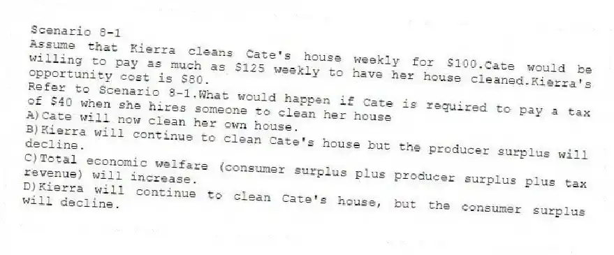 Scenario 8-1
Assume that Kierra cleans Cate's house weekly for $100.Cate would be willing to pay as much as $125 weekly to have her house cleaned.Kierra's opportunity cost is $80.
-Refer to Scenario 8-1.What would happen if Cate is required to pay a tax of $40 when she hires someone to clean her house
A)Cate will now clean her own house.
B)Kierra will continue to clean Cate's house but the producer surplus will decline.
C)Total economic welfare (consumer surplus plus producer surplus plus tax revenue) will increase.
D)Kierra will continue to clean Cate's house, but the consumer surplus will decline.
