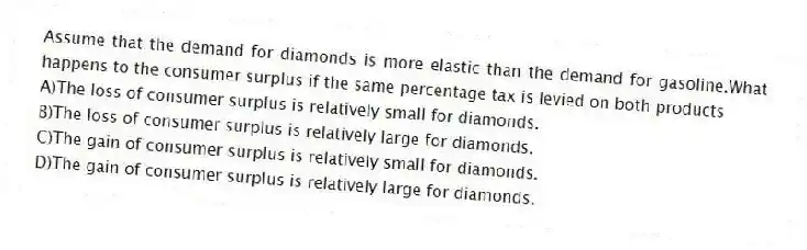 Assume that the demand for diamonds is more elastic than the demand for gasoline.What happens to the consumer surplus if the same percentage tax is levied on both products
A)The loss of consumer surplus is relatively small for diamonds.
B)The loss of consumer surplus is relatively large for diamonds.
C)The gain of consumer surplus is relatively small for diamonds.
D)The gain of consumer surplus is relatively large for diamonds.