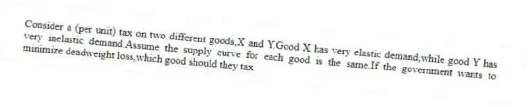 Consider a (per unit) tax on two different goods,X and Y.Good X has very elastic demand,while good Y has very inelastic demand.Assume the supply curve for each good is the same.If the government wants to minimize deadweight loss,which good should they tax