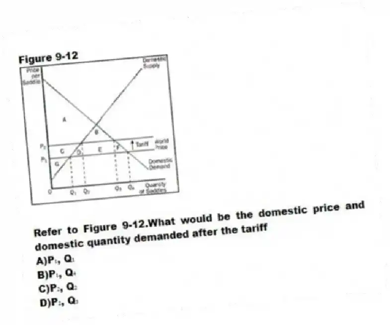 Figure 9-12
-Refer to Figure 9-12.What would be the domestic price and domestic quantity demanded after the tariff
A)P₁, Q₁
B)P₁, Q₄
C)P₂, Q₂
D)P₂, Q₃