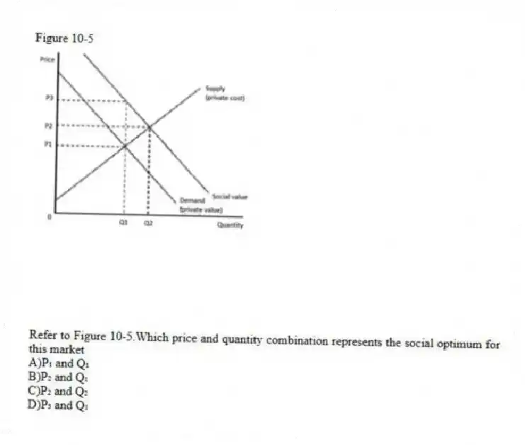 Figure 10-5
 
-Refer to Figure 10-5.Which price and quantity combination represents the social optimum for this market
A)P₁ and Q₁ 
B)P₂ and Q₁ 
C)P₂ and Q₂ 
D)P₃ and Q₁

