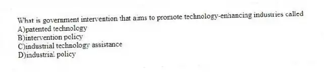 What is government intervention that aims to promote technology-enhancing industries called
A)patented technology
B)intervention policy
C)industrial technology assistance
D)industrial policy