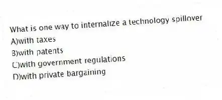 What is one way to internalize a technology spillover
A)with taxes
B)with patents
C)with government regulations
D)with private bargaining