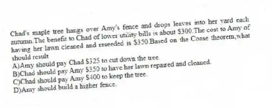 Chad's maple tree hangs over Amy's fence and drops leaves into her yard each autumn.The benefit to Chad of lower utility bills is about $300.The cost to Amy of having her lawn cleaned and reseeded is $350.Based on the Coase theorem,what should result
A)Amy should pay Chad $325 to cut down the tree.
B)Chad should pay Amy $350 to have her lawn repaired and cleaned.
C)Chad should pay Amy $400 to keep the tree.
D)Amy should build a higher fence.