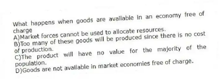 What happens when goods are available in an economy free of charge
A)Market forces cannot be used to allocate resources.
B)Too many of these goods will be produced since there is no cost of production.
C)The product will have no value for the majority of the population.
D)Goods are not available in market economies free of charge.