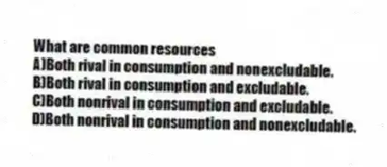 What are common resources
A)Both rival in consumption and nonexcludable.
B)Both rival in consumption and excludable.
C)Both nonrival in consumption and excludable.
D)Both nonrival in consumption and nonexcludable.