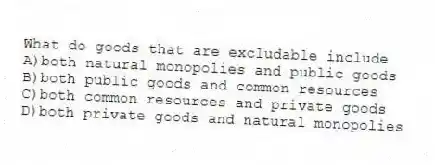 What do goods that are excludable include
A)both natural monopolies and public goods
B)both public goods and common resources
C)both common resources and private goods
D)both private goods and natural monopolies