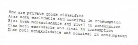 How are private goods classified
A)as both excludable and nonrival in consumption
B)as both nonexcludable and rival in consumption
C)as both excludable and rival in consumption
D)as both nonexcludable and nonrival in consumption