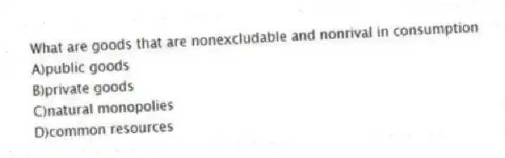 What are goods that are nonexcludable and nonrival in consumption
A)public goods
B)private goods
C)natural monopolies
D)common resources