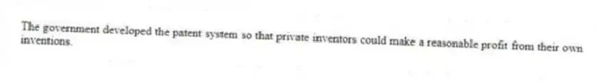 The government developed the patent system so that private inventors could make a reasonable profit from their own inventions.