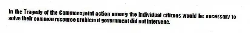In the Tragedy of the Commons,joint action among the individual citizens would be necessary to solve their common resource problem if government did not intervene.