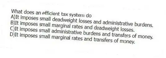What does an efficient tax system do
A)It imposes small deadweight losses and administrative burdens.
B)It imposes small marginal rates and deadweight losses.
C)It imposes small administrative burdens and transfers of money.
D)It imposes small marginal rates and transfers of money.