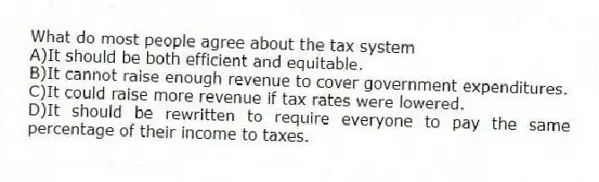 What do most people agree about the tax system
A)It should be both efficient and equitable.
B)It cannot raise enough revenue to cover government expenditures.
C)It could raise more revenue if tax rates were lowered.
D)It should be rewritten to require everyone to pay the same percentage of their income to taxes.