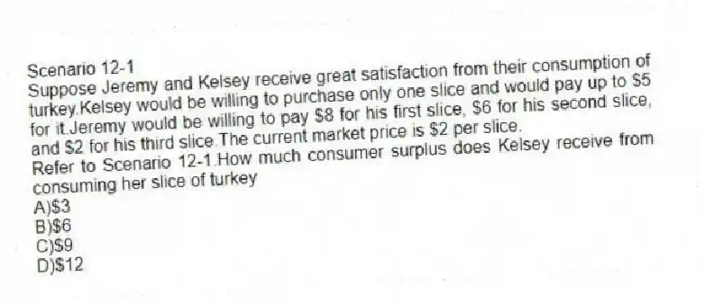 Scenario 12-1
Suppose Jeremy and Kelsey receive great satisfaction from their consumption of turkey.Kelsey would be willing to purchase only one slice and would pay up to $5 for it.Jeremy would be willing to pay $8 for his first slice, $6 for his second slice, and $2 for his third slice.The current market price is $2 per slice.
-Refer to Scenario 12-1.How much consumer surplus does Kelsey receive from consuming her slice of turkey
A)$3
B)$6
C)$9
D)$12
