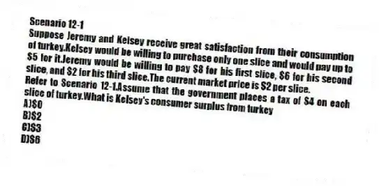 Scenario 12-1
Suppose Jeremy and Kelsey receive great satisfaction from their consumption of turkey.Kelsey would be willing to purchase only one slice and would pay up to $5 for it.Jeremy would be willing to pay $8 for his first slice, $6 for his second slice, and $2 for his third slice.The current market price is $2 per slice.
-Refer to Scenario 12-1.Assume that the government places a tax of $4 on each slice of turkey.What is Kelsey's consumer surplus from turkey
A)$0
B)$2
C)$3
D)$6