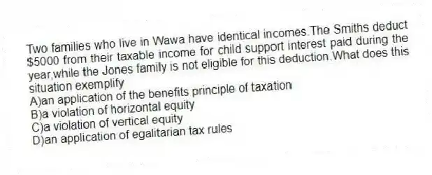 Two families who live in Wawa have identical incomes.The Smiths deduct $5000 from their taxable income for child support interest paid during the year,while the Jones family is not eligible for this deduction.What does this situation exemplify
A)an application of the benefits principle of taxation
B)a violation of horizontal equity
C)a violation of vertical equity
D)an application of egalitarian tax rules