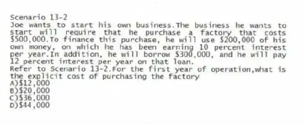 Scenario 13-2
Joe wants to start his own business.The business he wants to start will require that he purchase a factory that costs $500,000.To finance this purchase, he will use $200,000 of his own money, on which he has been earning 10 percent interest per year.In addition, he will borrow $300,000, and he will pay 12 percent interest per year on that loan.
-Refer to Scenario 13-2.For the first year of operation,what is the explicit cost of purchasing the factory
A)$12,000
B)$20,000
C)$36,000
D)$44,000