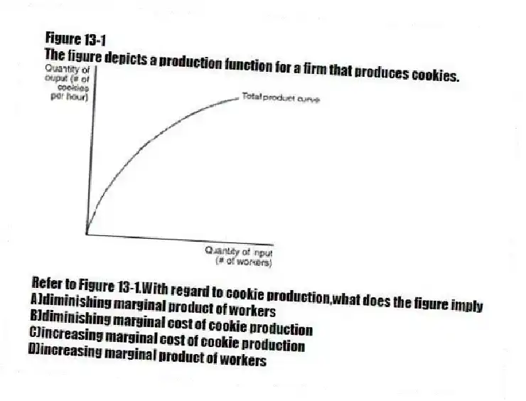 Figure 13-1
The figure depicts a production function for a firm that produces cookies.
-Refer to Figure 13-1.With regard to cookie production,what does the figure imply
A)diminishing marginal product of workers
B)diminishing marginal cost of cookie production
C)increasing marginal cost of cookie production
D)increasing marginal product of workers