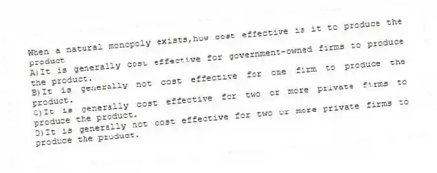 When a natural monopoly exists,how cost effective is it to produce the product
A)It is generally cost effective for government-owned firms to produce the product.
B)It is generally not cost effective for one firm to produce the product.
C)It is generally cost effective for two or more private firms to produce the product.
D)It is generally not cost effective for two or more private firms to produce the product.