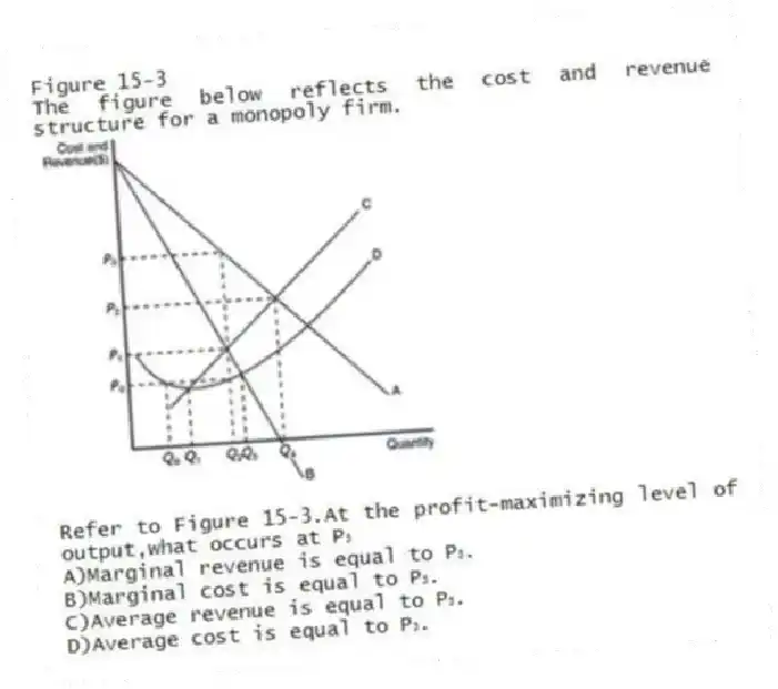 Figure 15-3
The figure below reflects the cost and revenue structure for a monopoly firm.
 
-Refer to Figure 15-3.At the profit-maximizing level of output,what occurs at P₃
A)Marginal revenue is equal to P₃. 
B)Marginal cost is equal to P₃. 
C)Average revenue is equal to P₃. 
D)Average cost is equal to P₃.
