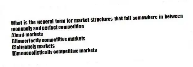 What is the general term for market structures that fall somewhere in between monopoly and perfect competition
A)mid-markets
B)imperfectly competitive markets
C)oligopoly markets
D)monopolistically competitive markets
