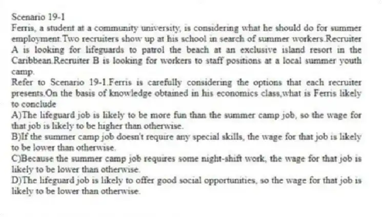 Scenario 19-1
Ferris, a student at a community university, is considering what he should do for summer employment.Two recruiters show up at his school in search of summer workers.Recruiter A is looking for lifeguards to patrol the beach at an exclusive island resort in the Caribbean.Recruiter B is looking for workers to staff positions at a local summer youth camp.
-Refer to Scenario 19-1.Ferris is carefully considering the options that each recruiter presents.On the basis of knowledge obtained in his economics class,what is Ferris likely to conclude
A)The lifeguard job is likely to be more fun than the summer camp job, so the wage for that job is likely to be higher than otherwise.
B)If the summer camp job doesn't require any special skills, the wage for that job is likely to be lower than otherwise.
C)Because the summer camp job requires some night-shift work, the wage for that job is likely to be lower than otherwise.
D)The lifeguard job is likely to offer good social opportunities, so the wage for that job is likely to be lower than otherwise.