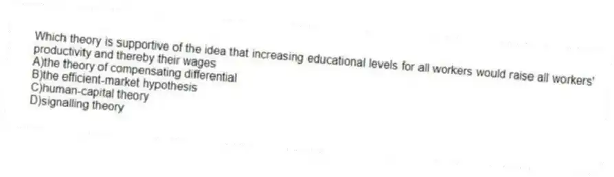 Which theory is supportive of the idea that increasing educational levels for all workers would raise all workers' productivity and thereby their wages
A)the theory of compensating differential
B)the efficient-market hypothesis
C)human-capital theory
D)signalling theory