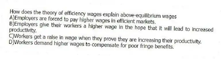 How does the theory of efficiency wages explain above-equilibrium wages
A)Employers are forced to pay higher wages in efficient markets.
B)Employers give their workers a higher wage in the hope that it will lead to increased productivity.
C)Workers get a raise in wage when they prove they are increasing their productivity.
D)Workers demand higher wages to compensate for poor fringe benefits.