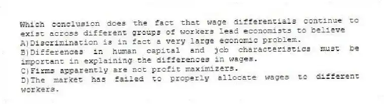 Which conclusion does the fact that wage differentials continue to exist across different groups of workers lead economists to believe
A)Discrimination is in fact a very large economic problem.
B)Differences in human capital and job characteristics must be important in explaining the differences in wages.
C)Firms apparently are not profit maximizers.
D)The market has failed to properly allocate wages to different workers.
