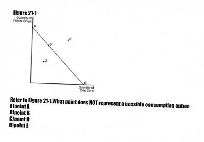 Figure 21-1
-Refer to Figure 21-1.What point does NOT represent a possible consumption option
A)point A
B)point B
C)point D
D)point E