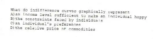 What do indifference curves graphically represent
A)an income level sufficient to make an individual happy
B)the constraints faced by individuals
C)an individual's preferences
D)the relative price of commodities