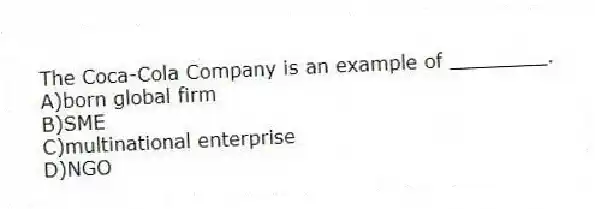 The Coca-Cola Company is an example of ________.
A)born global firm
B)SME
C)multinational enterprise
D)NGO