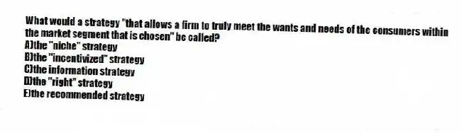 What would a strategy "that allows a firm to truly meet the wants and needs of the consumers within the market segment that is chosen" be called?
A)the "niche" strategy
B)the "incentivized" strategy
C)the information strategy
D)the "right" strategy
E)the recommended strategy