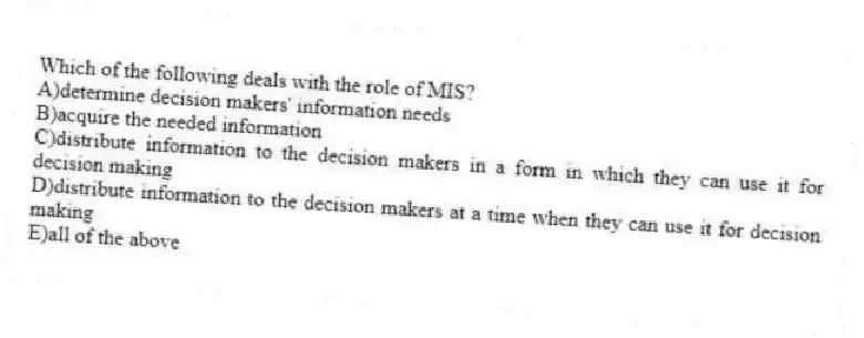 Which of the following deals with the role of MIS?
A)determine decision makers' information needs
B)acquire the needed information
C)distribute information to the decision makers in a form in which they can use it for decision making
D)distribute information to the decision makers at a time when they can use it for decision making
E)all of the above