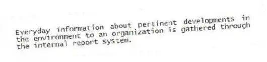 Everyday information about pertinent developments in the environment to an organization is gathered through the internal report system.
