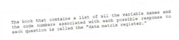 The book that contains a list of all the variable names and the code numbers associated with each possible response to each question is called the "data matrix register."