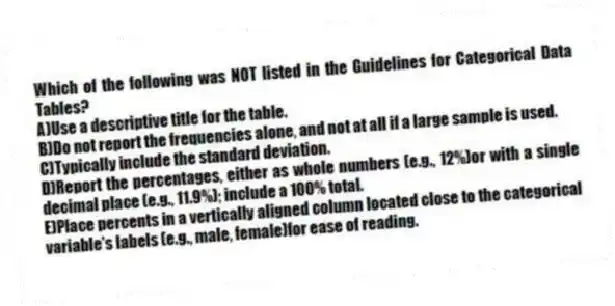 Which of the following was NOT listed in the Guidelines for Categorical Data Tables?
A)Use a descriptive title for the table.
B)Do not report the frequencies alone, and not at all if a large sample is used.
C)Typically include the standard deviation.
D)Report the percentages, either as whole numbers (e.g., 12%)or with a single decimal place (e.g., 11.9%); include a 100% total.
E)Place percents in a vertically aligned column located close to the categorical variable's labels (e.g., male, female)for ease of reading.