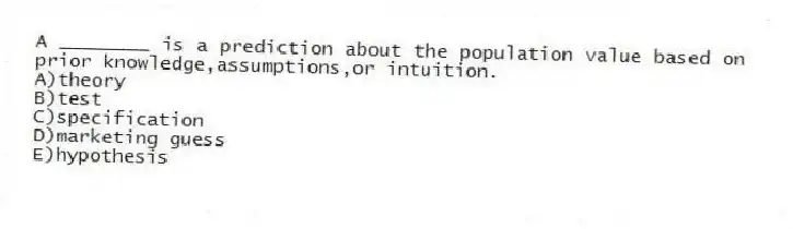 A ________ is a prediction about the population value based on prior knowledge,assumptions,or intuition.
A)theory
B)test
C)specification
D)marketing guess
E)hypothesis