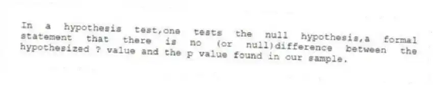 In a hypothesis test,one tests the null hypothesis,a formal statement that there is no (or null)difference between the hypothesized ? value and the p value found in our sample.