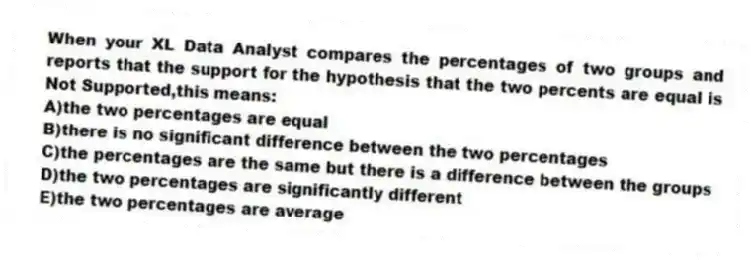 When your XL Data Analyst compares the percentages of two groups and reports that the support for the hypothesis that the two percents are equal is Not Supported,this means:
A)the two percentages are equal
B)there is no significant difference between the two percentages
C)the percentages are the same but there is a difference between the groups
D)the two percentages are significantly different
E)the two percentages are average