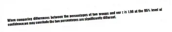 When comparing differences between the percentages of two groups and our z is 1.98 at the 95% level of confidence,we may conclude the two percentages are significantly different.